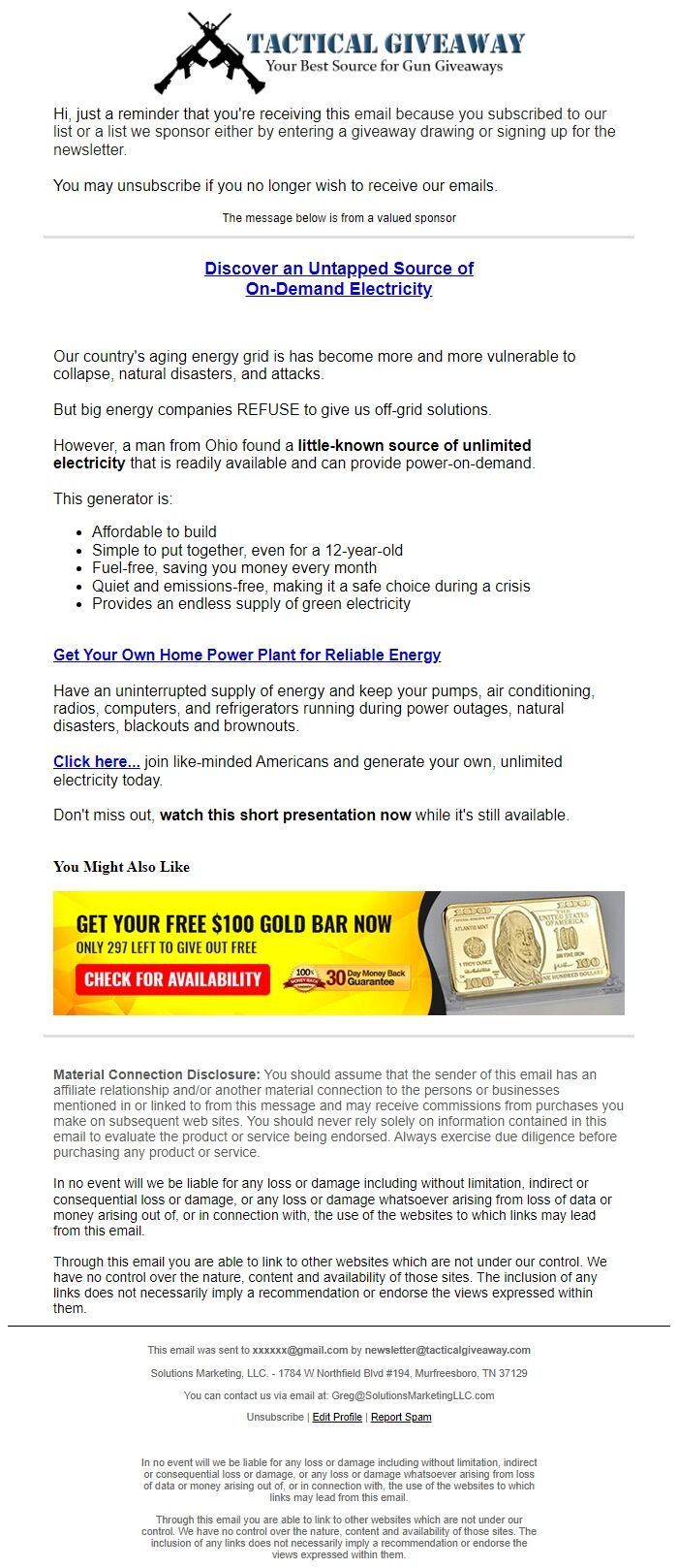 Screenshot of the email generated on import
