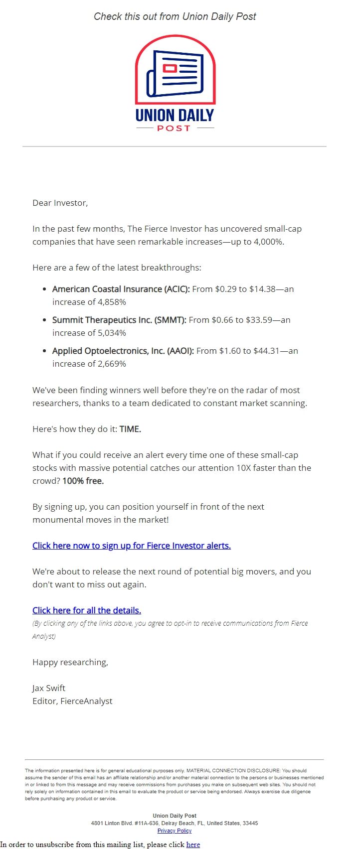 Screenshot of the email generated on import