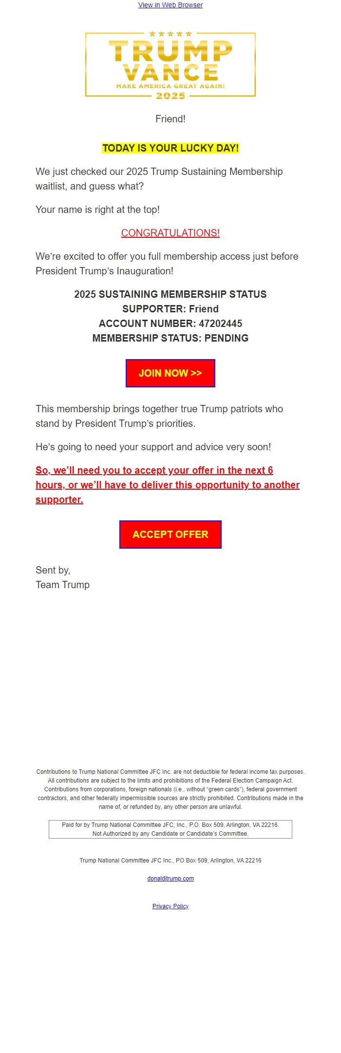 Screenshot of the email generated on import