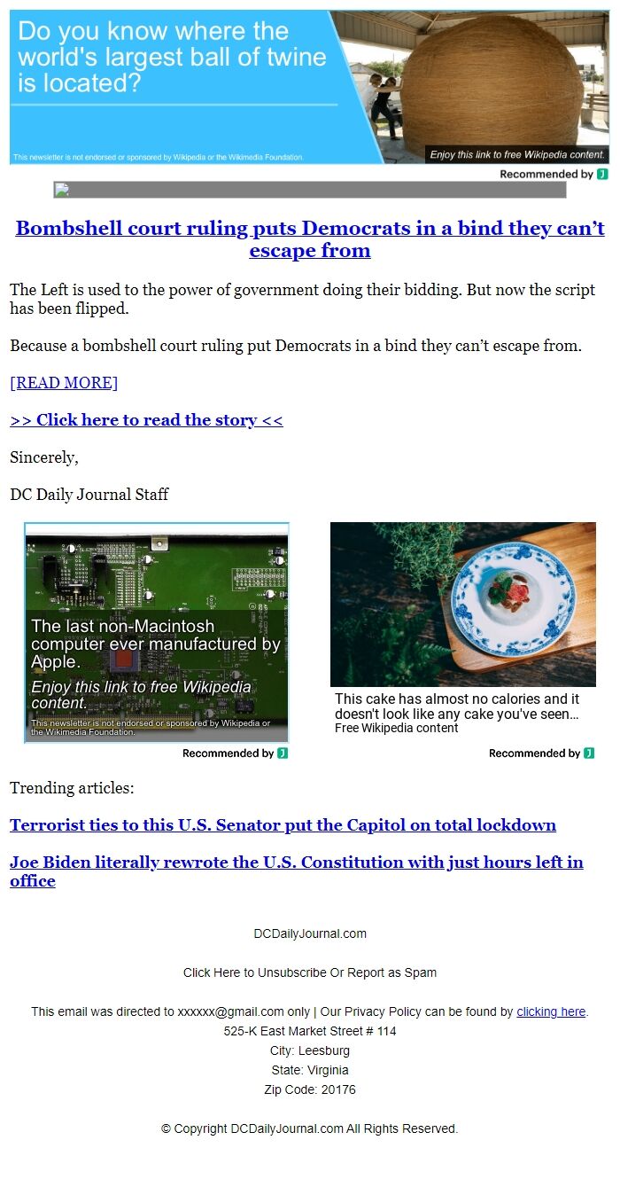 Screenshot of the email generated on import