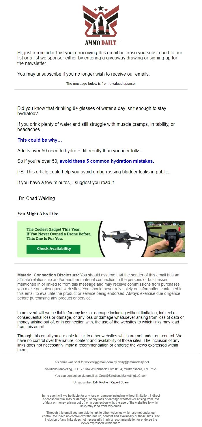 Screenshot of the email generated on import