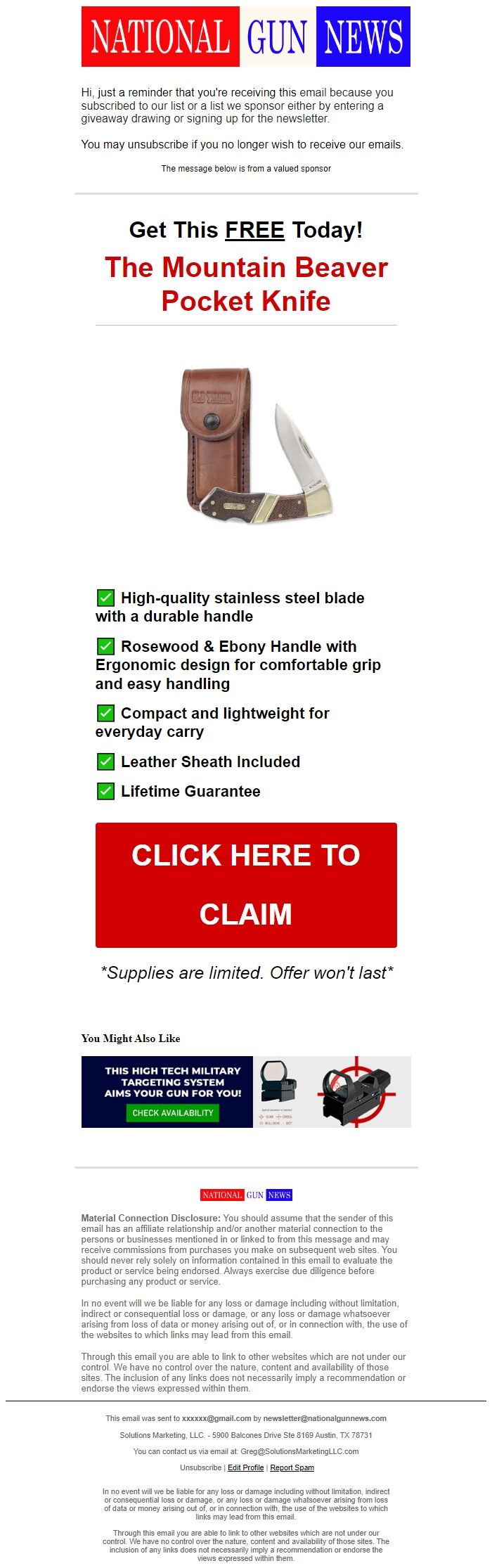 Screenshot of the email generated on import