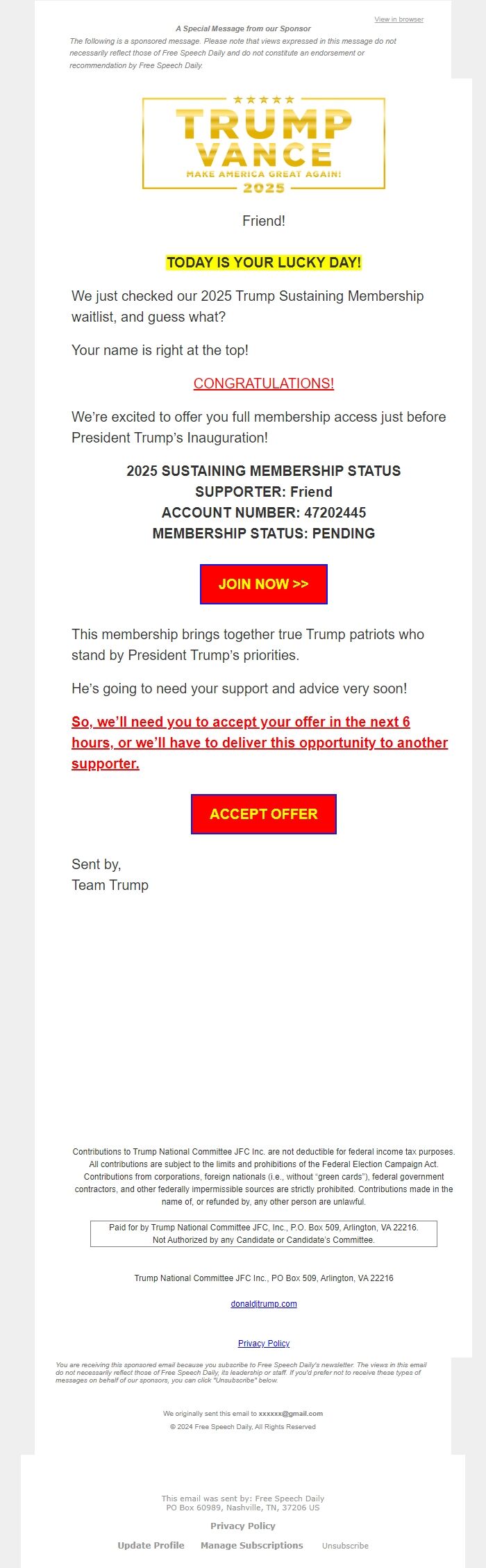 Screenshot of the email generated on import
