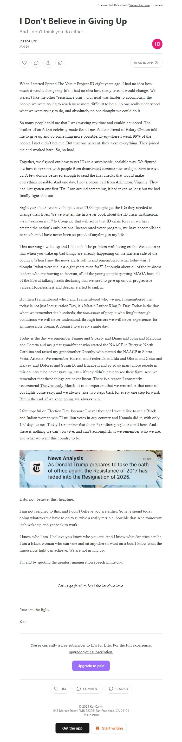 Screenshot of the email generated on import