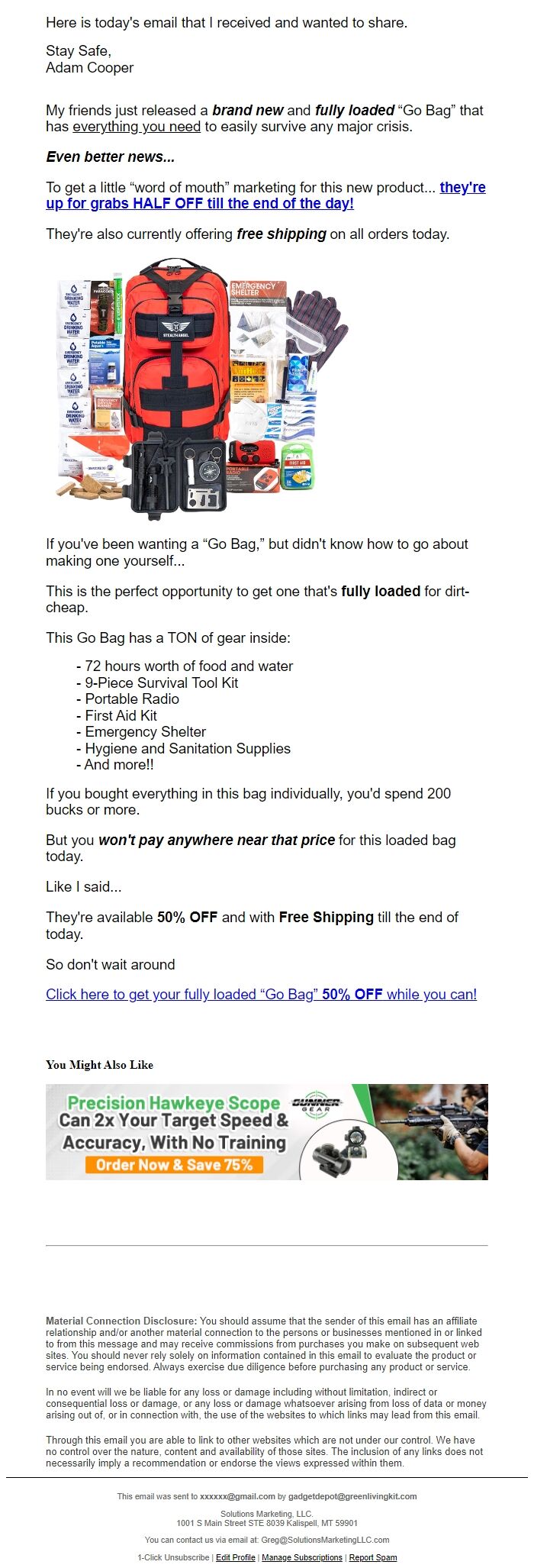 Screenshot of the email generated on import
