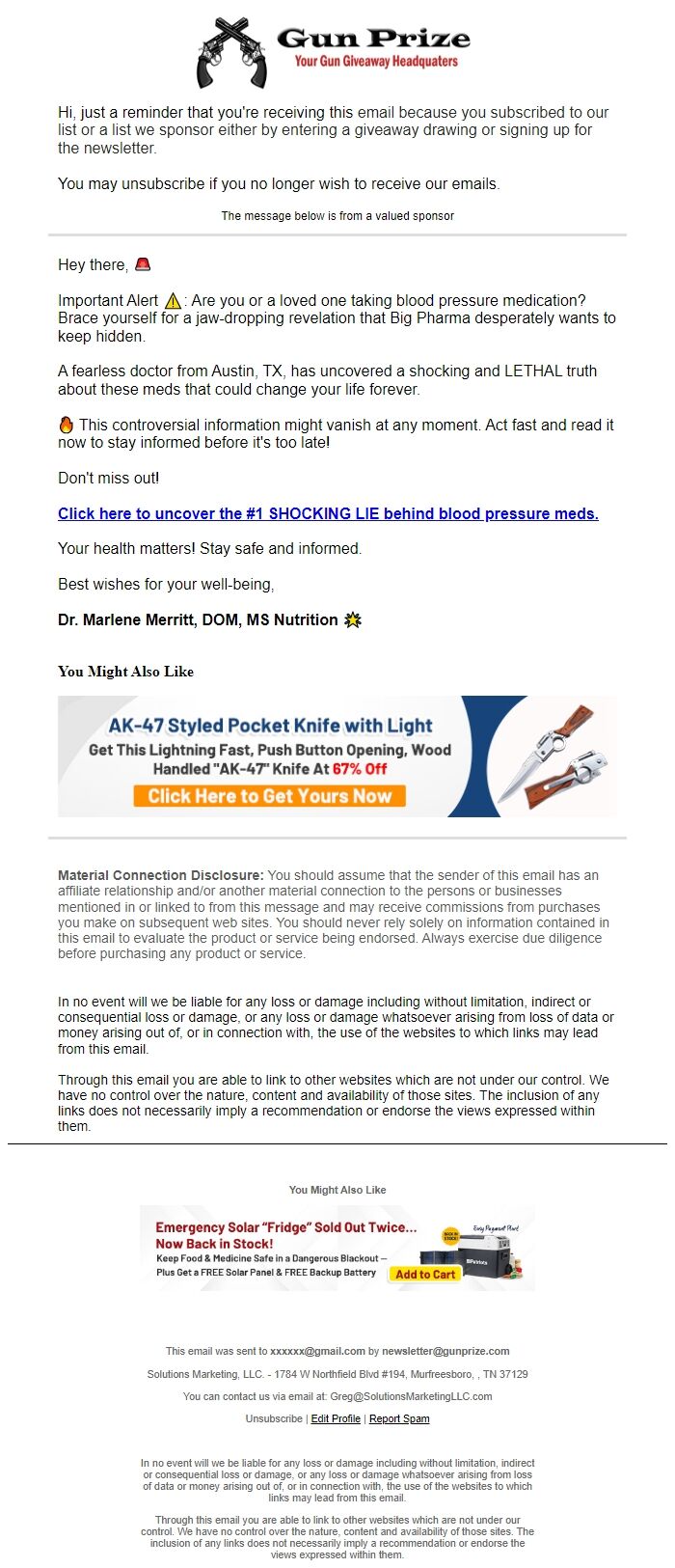 Screenshot of the email generated on import