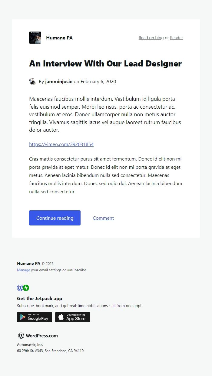 Screenshot of the email generated on import