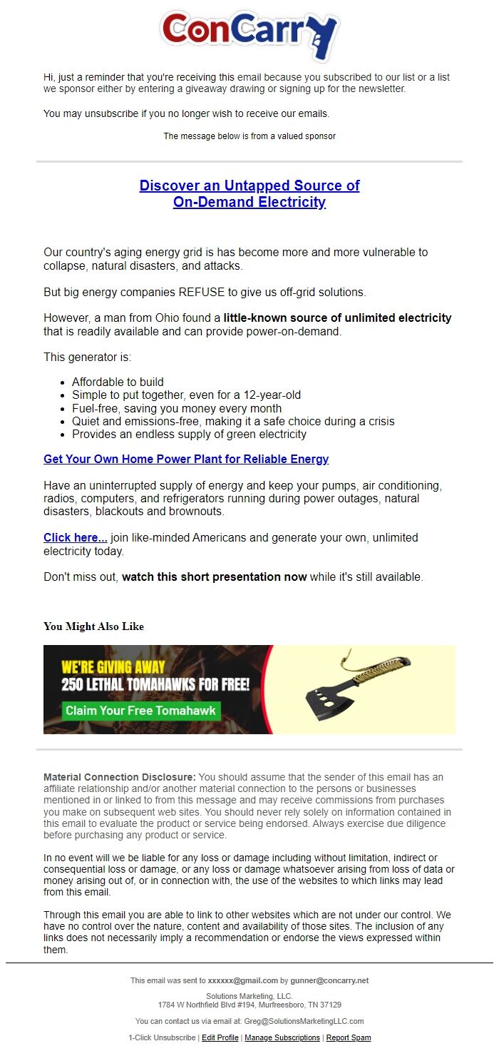 Screenshot of the email generated on import