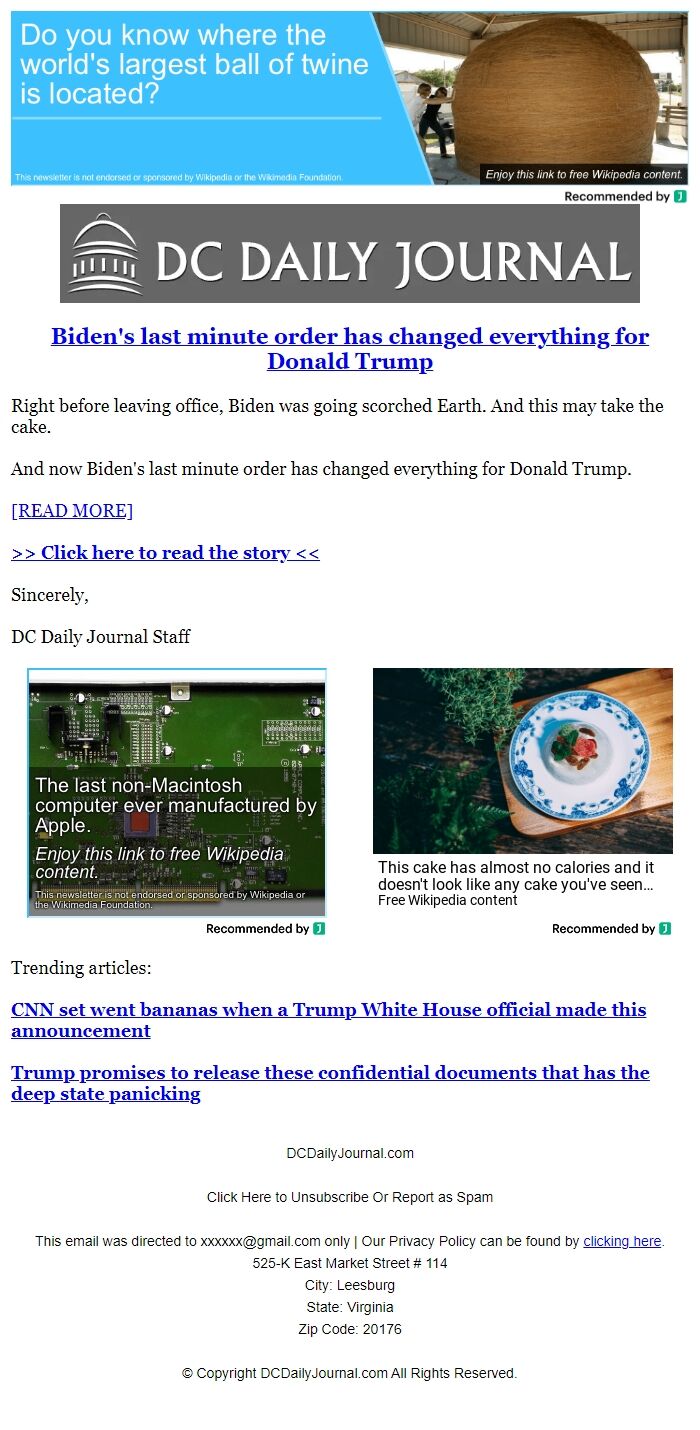 Screenshot of the email generated on import