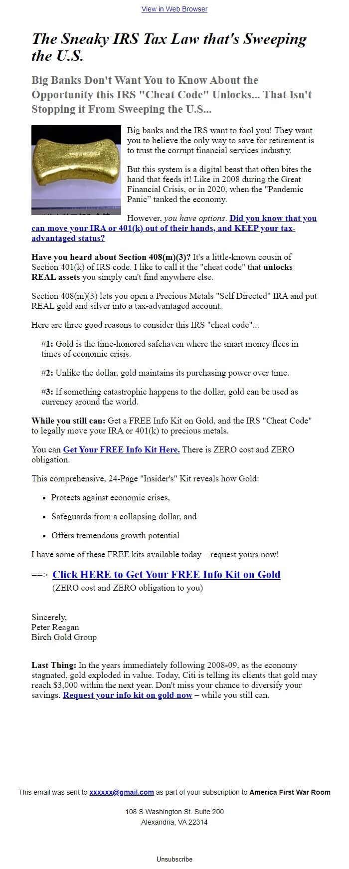 Screenshot of the email generated on import