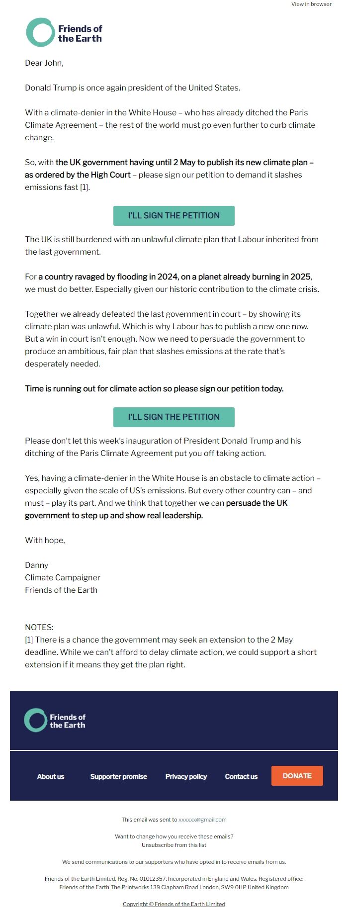 Screenshot of the email generated on import