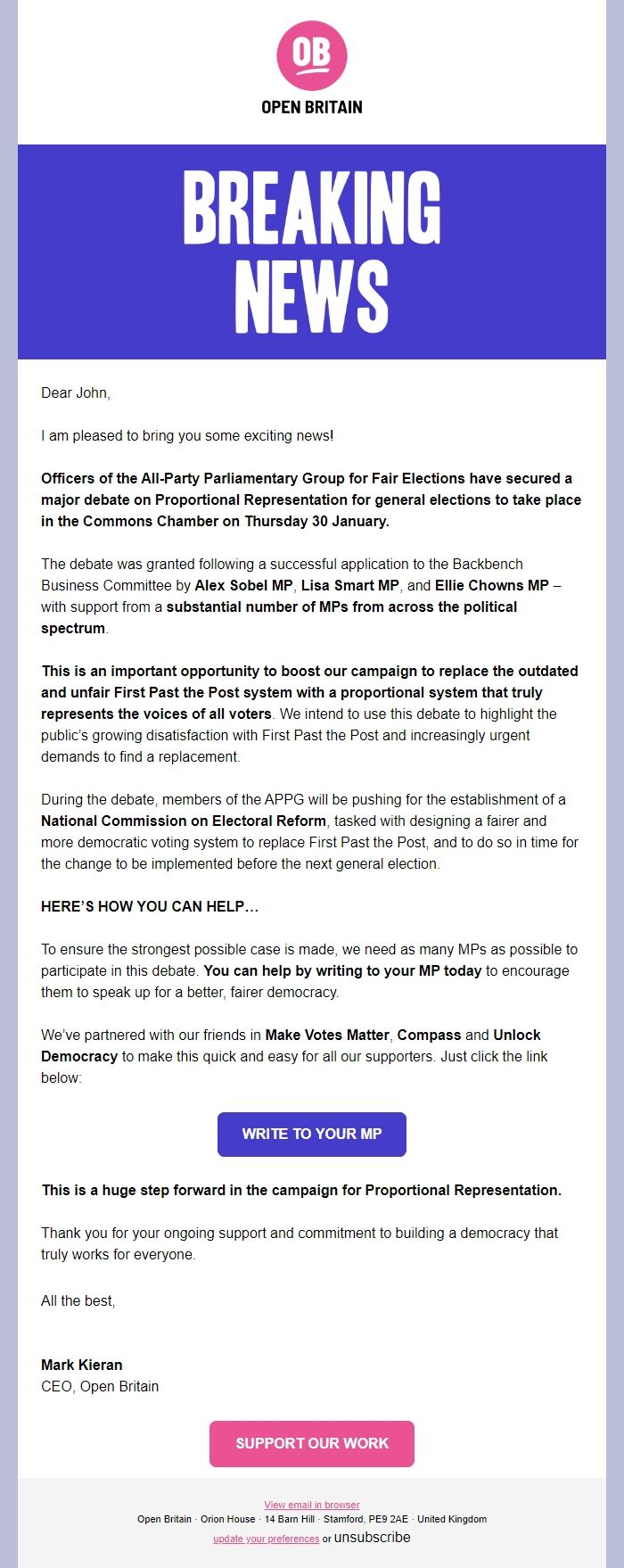 Screenshot of the email generated on import
