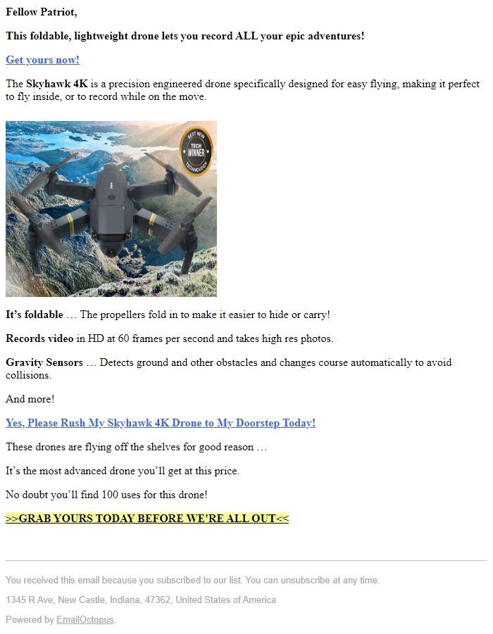 Screenshot of the email generated on import