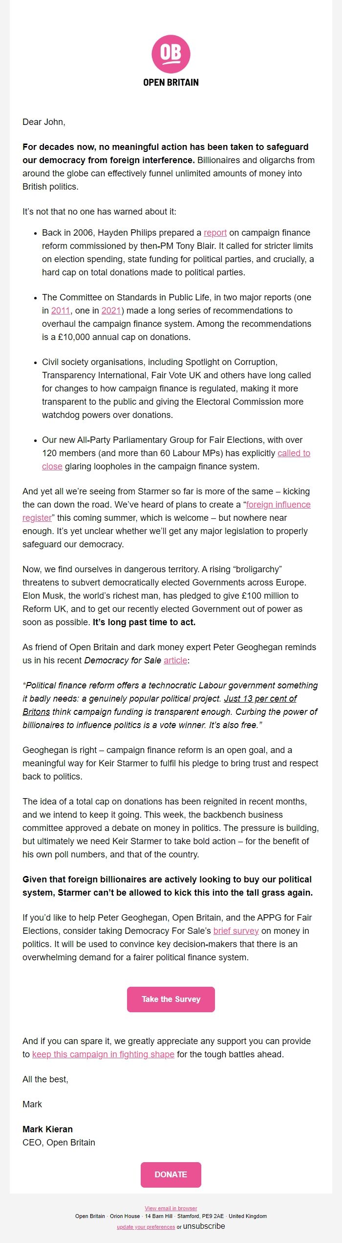 Screenshot of the email generated on import