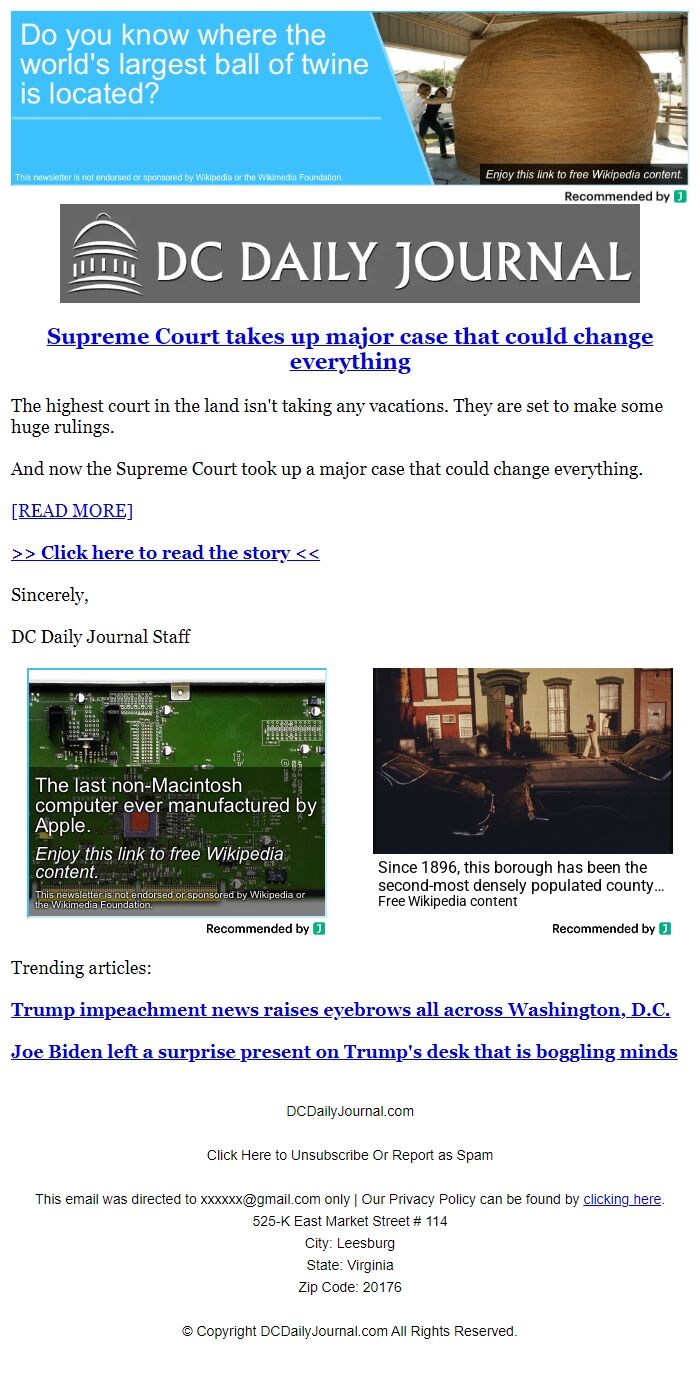 Screenshot of the email generated on import