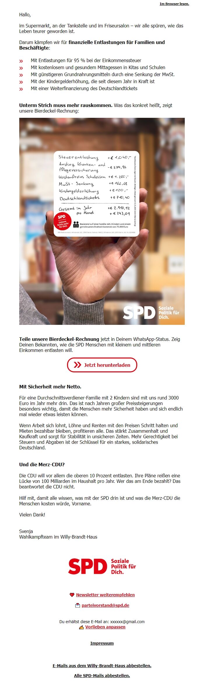 Screenshot of the email generated on import