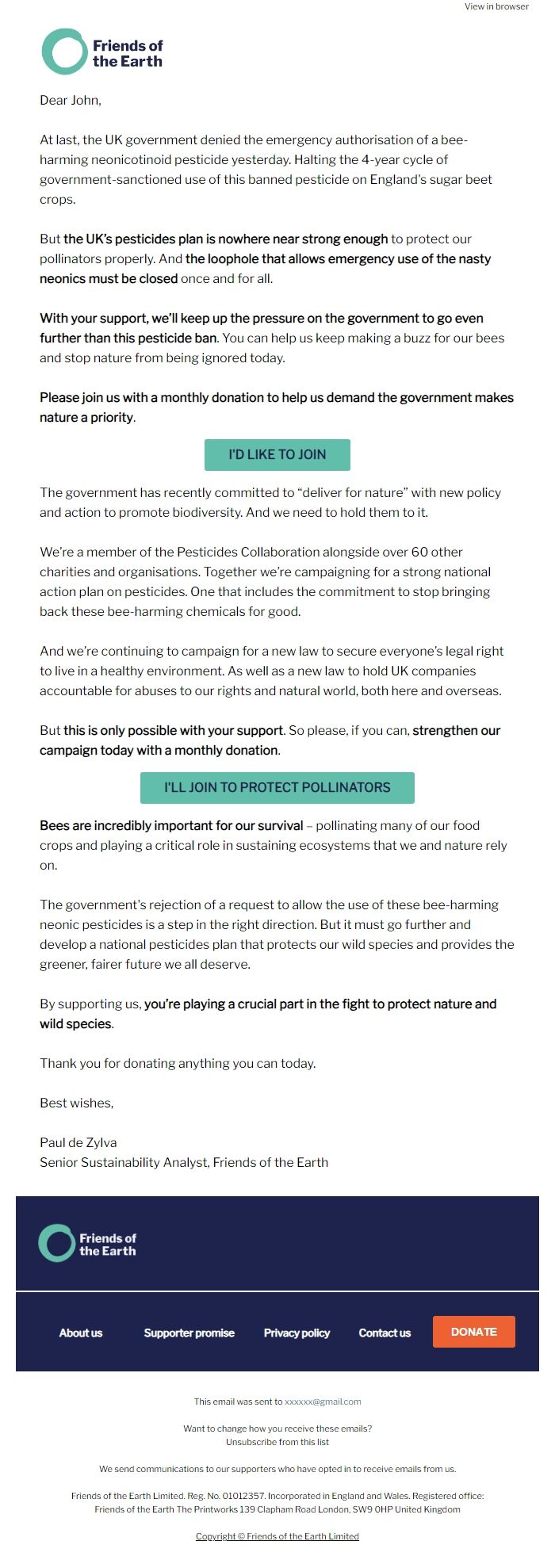 Screenshot of the email generated on import