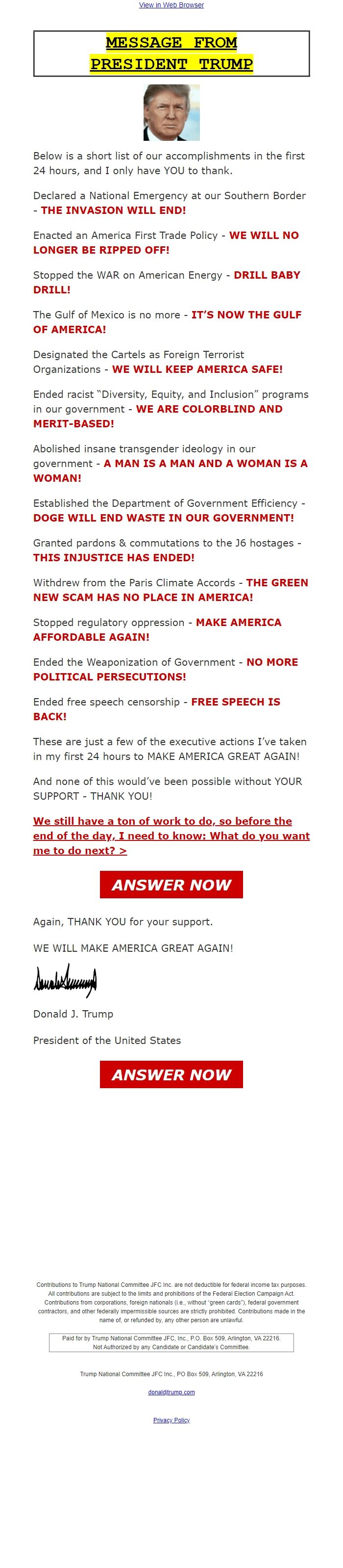 Screenshot of the email generated on import