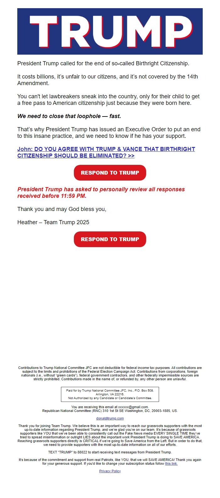 Screenshot of the email generated on import