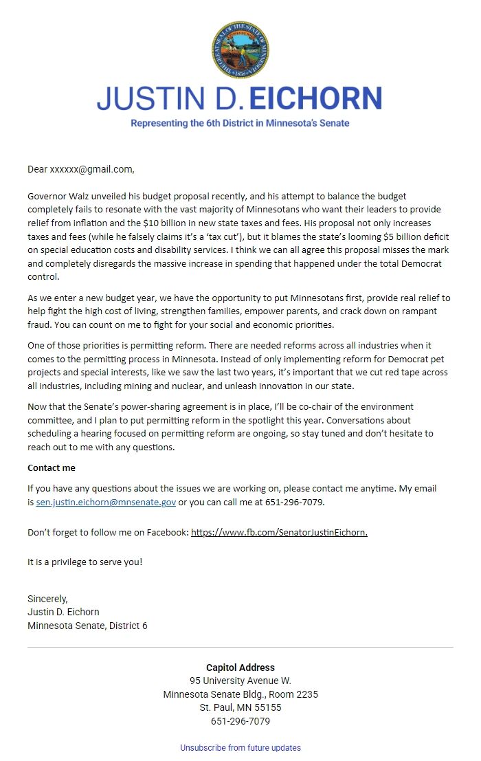 Screenshot of the email generated on import