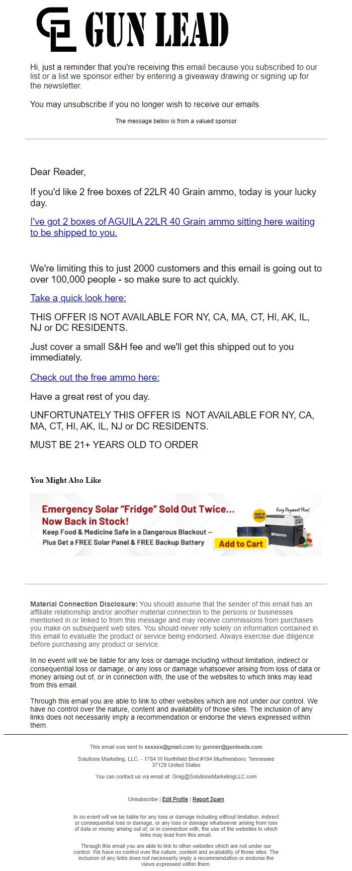 Screenshot of the email generated on import