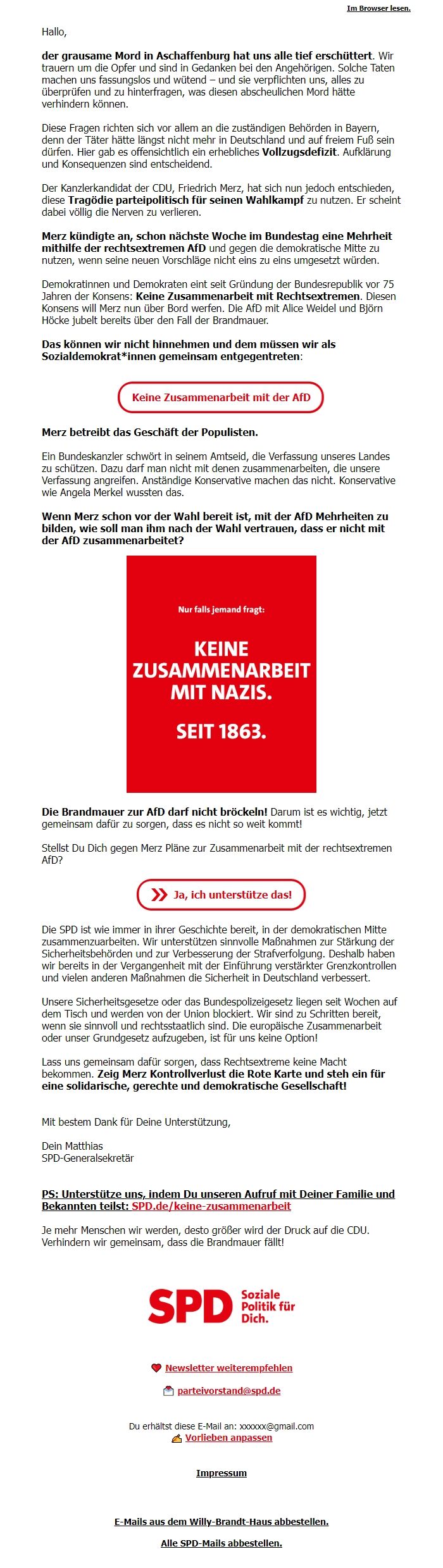 Screenshot of the email generated on import