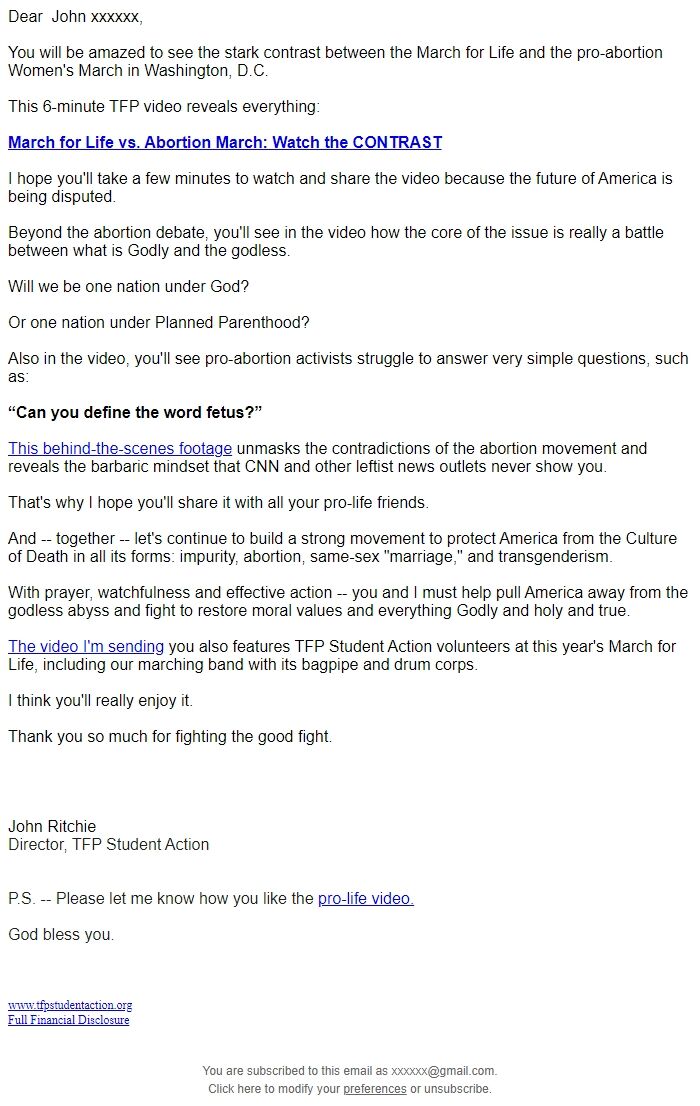 Screenshot of the email generated on import