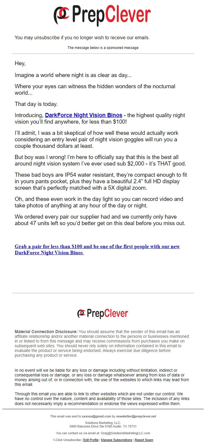 Screenshot of the email generated on import