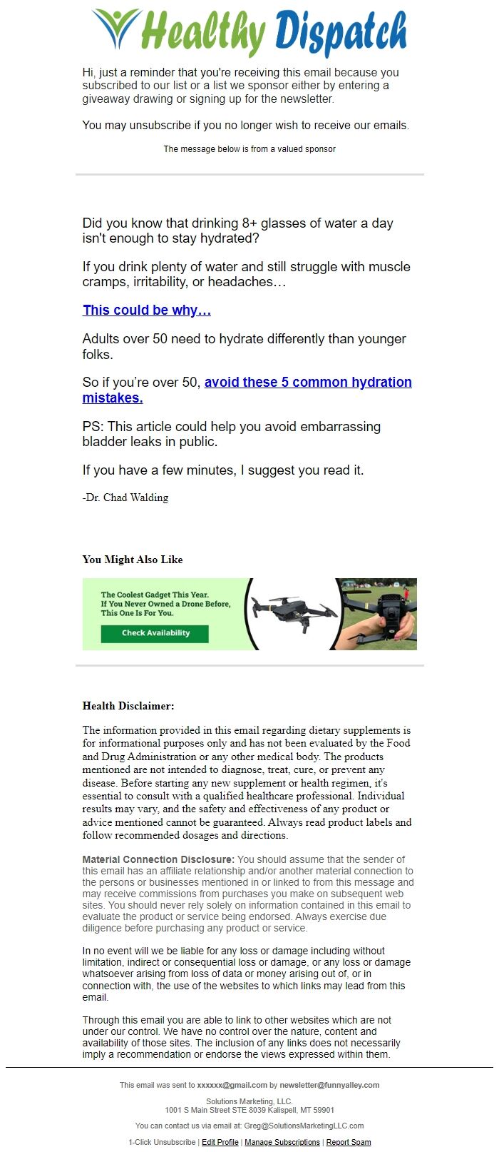 Screenshot of the email generated on import