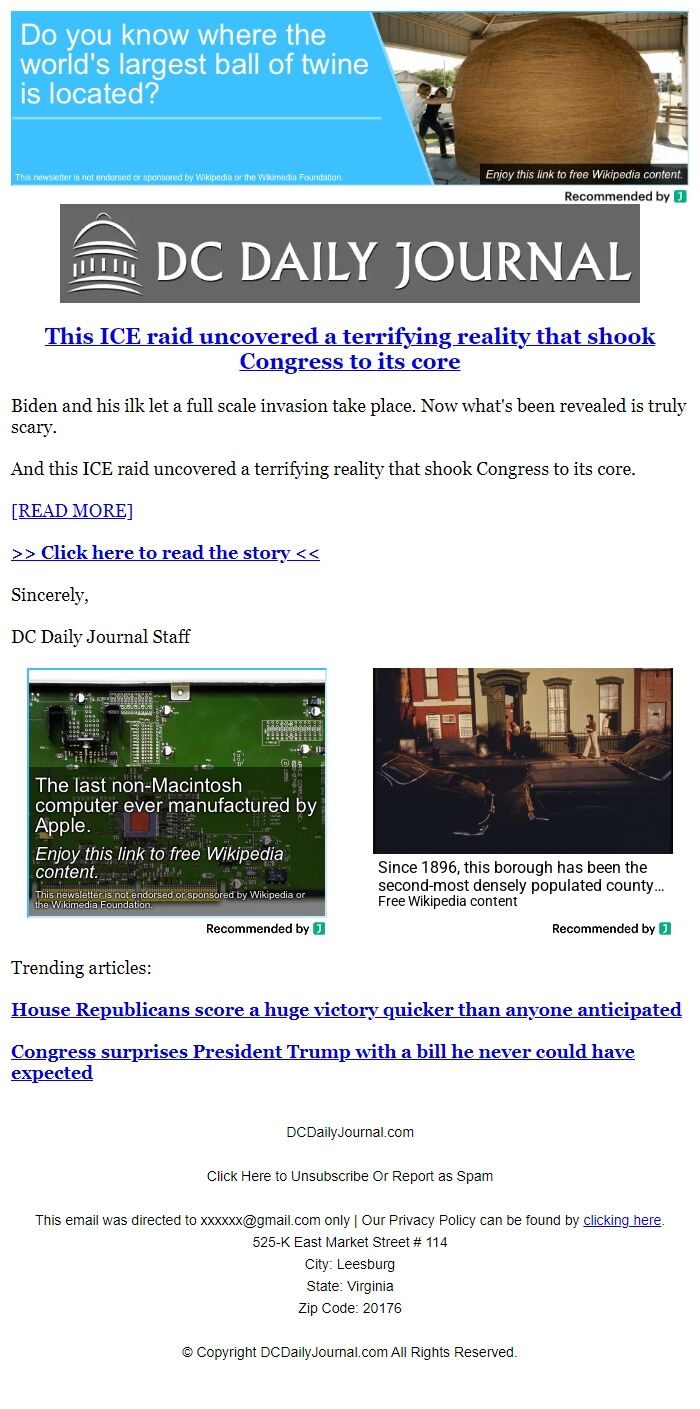 Screenshot of the email generated on import