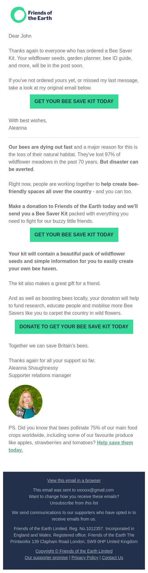 Screenshot of the email generated on import