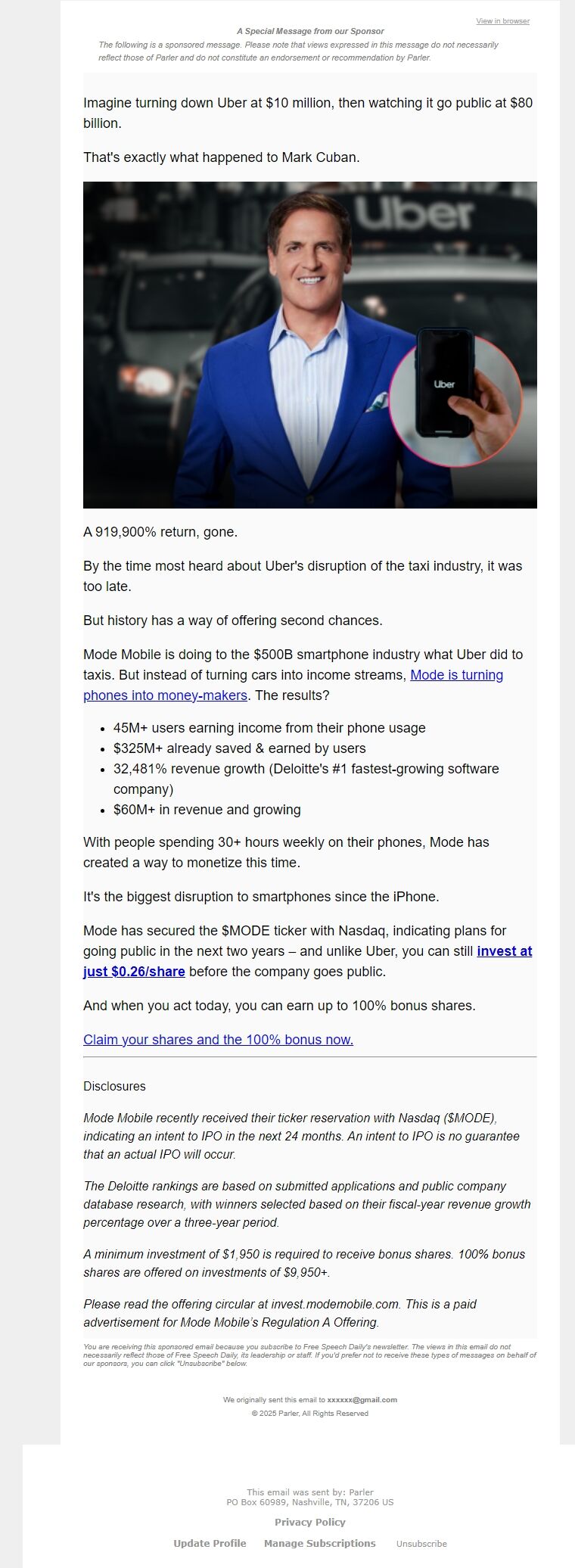Screenshot of the email generated on import