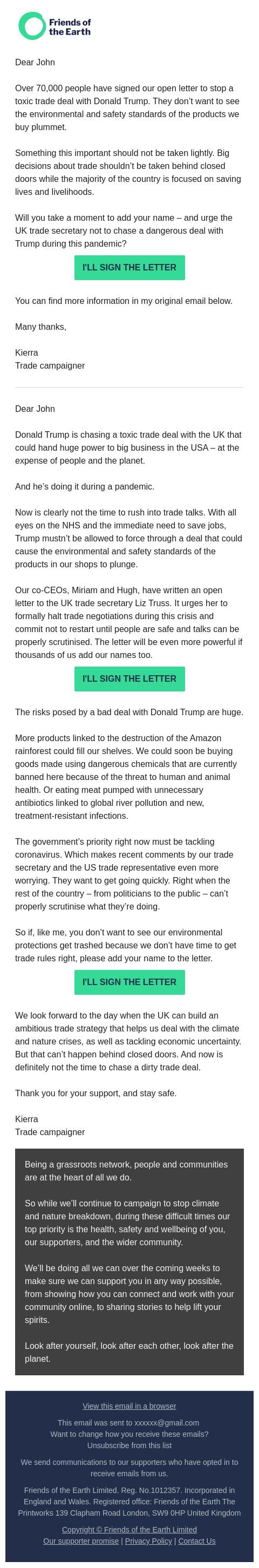 Screenshot of the email generated on import