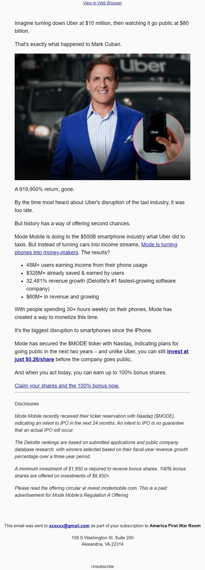 Screenshot of the email generated on import