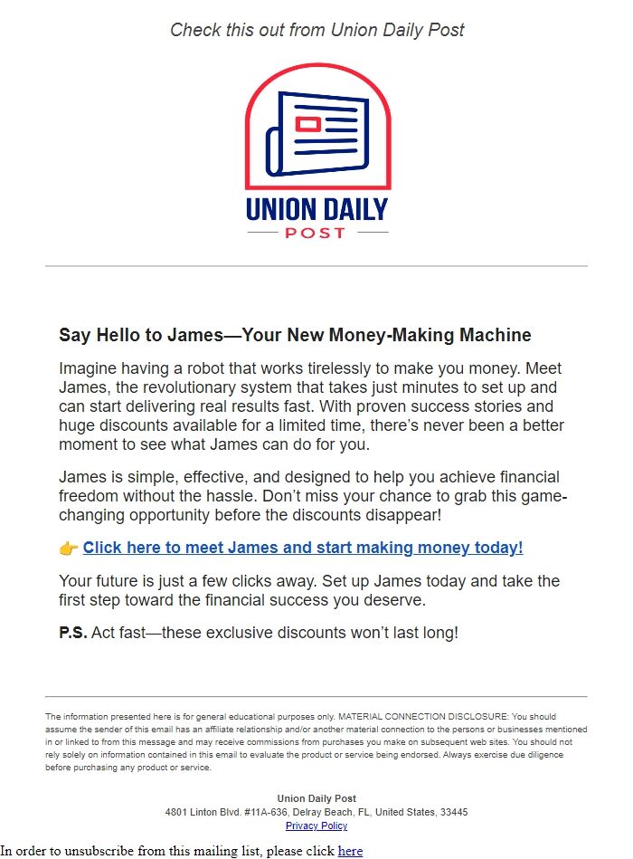 Screenshot of the email generated on import