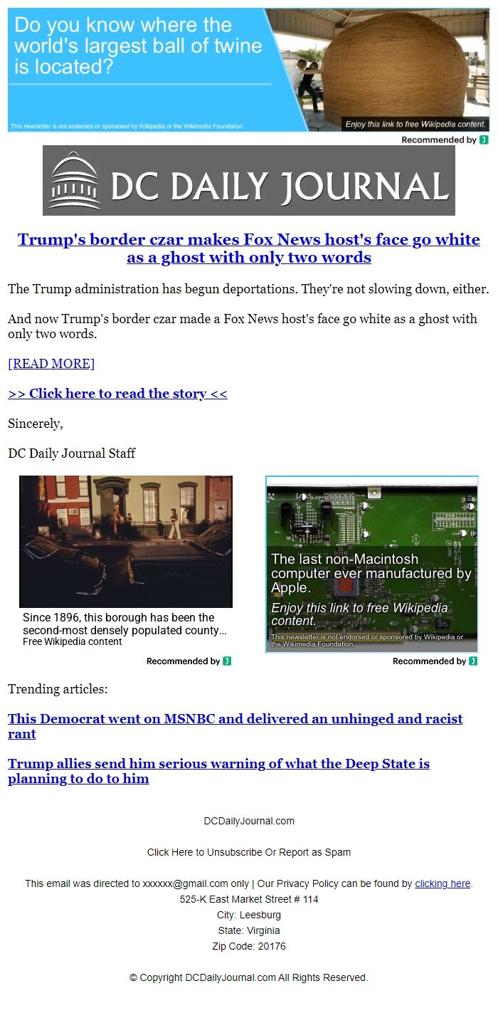 Screenshot of the email generated on import
