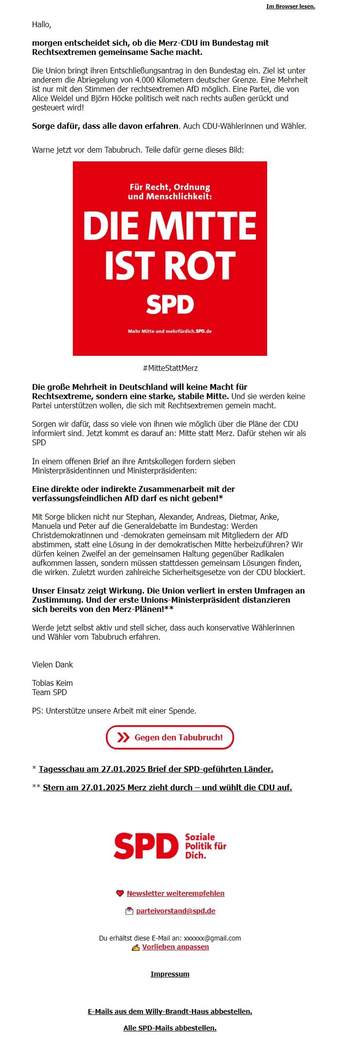 Screenshot of the email generated on import