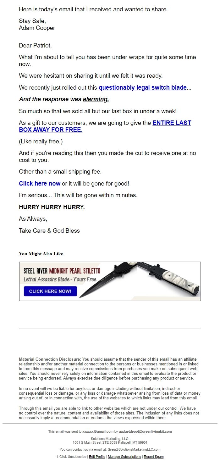 Screenshot of the email generated on import