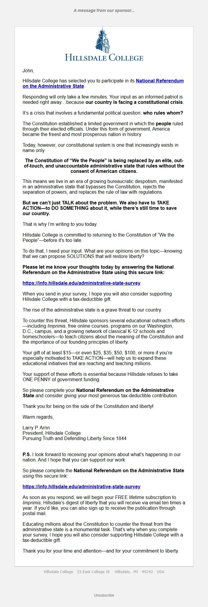 Screenshot of the email generated on import
