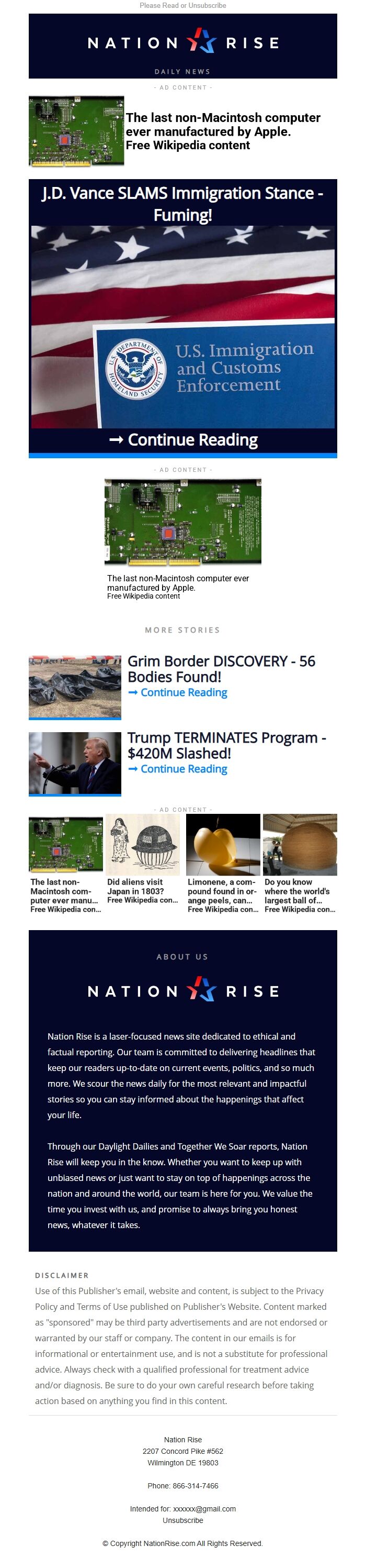 Screenshot of the email generated on import
