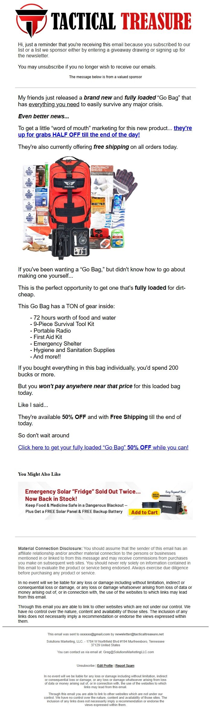 Screenshot of the email generated on import
