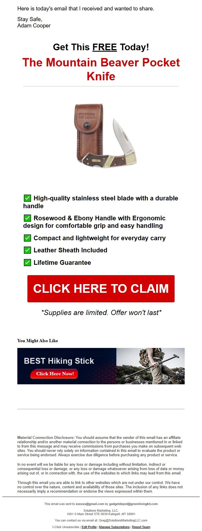 Screenshot of the email generated on import