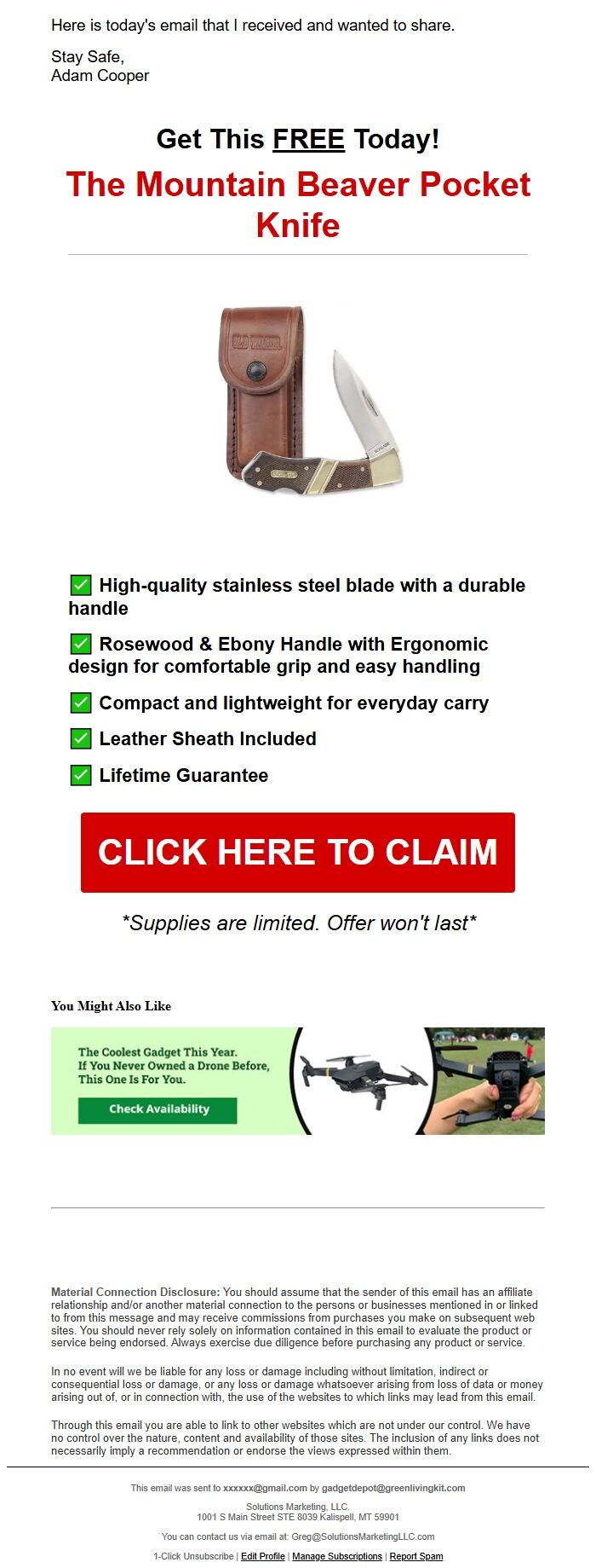 Screenshot of the email generated on import