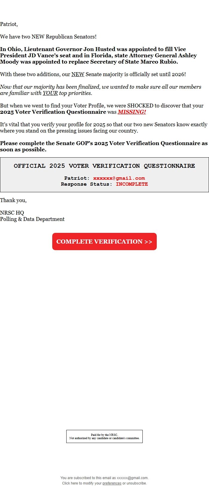 Screenshot of the email generated on import