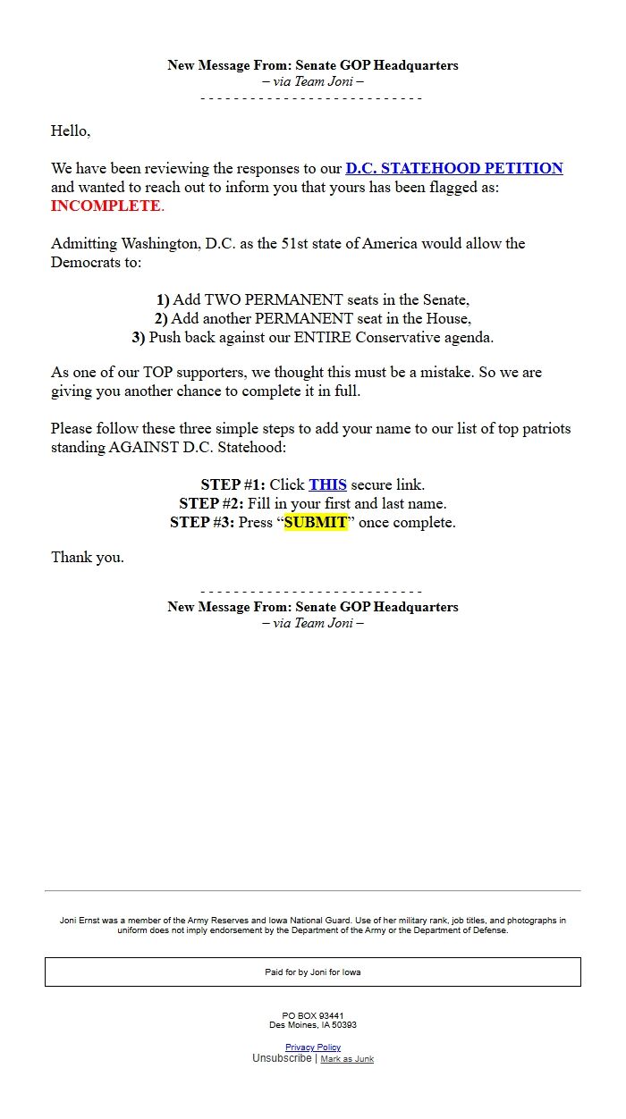 Screenshot of the email generated on import