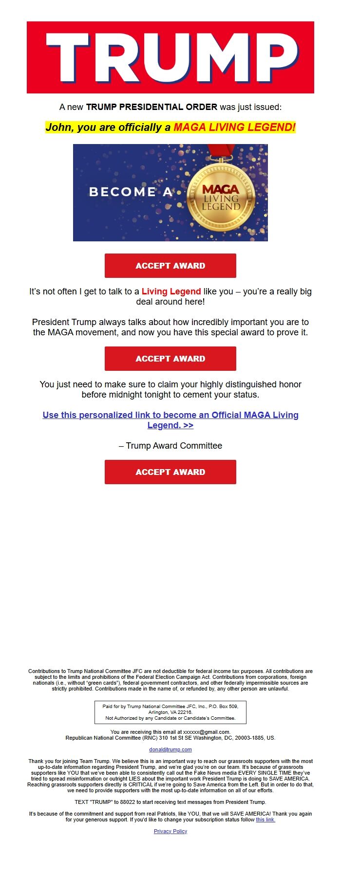 Screenshot of the email generated on import