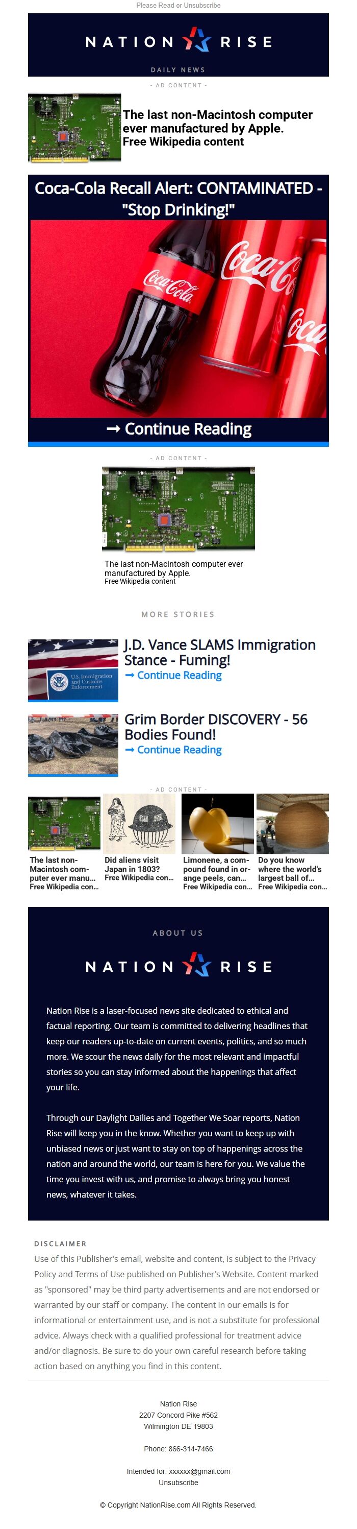Screenshot of the email generated on import