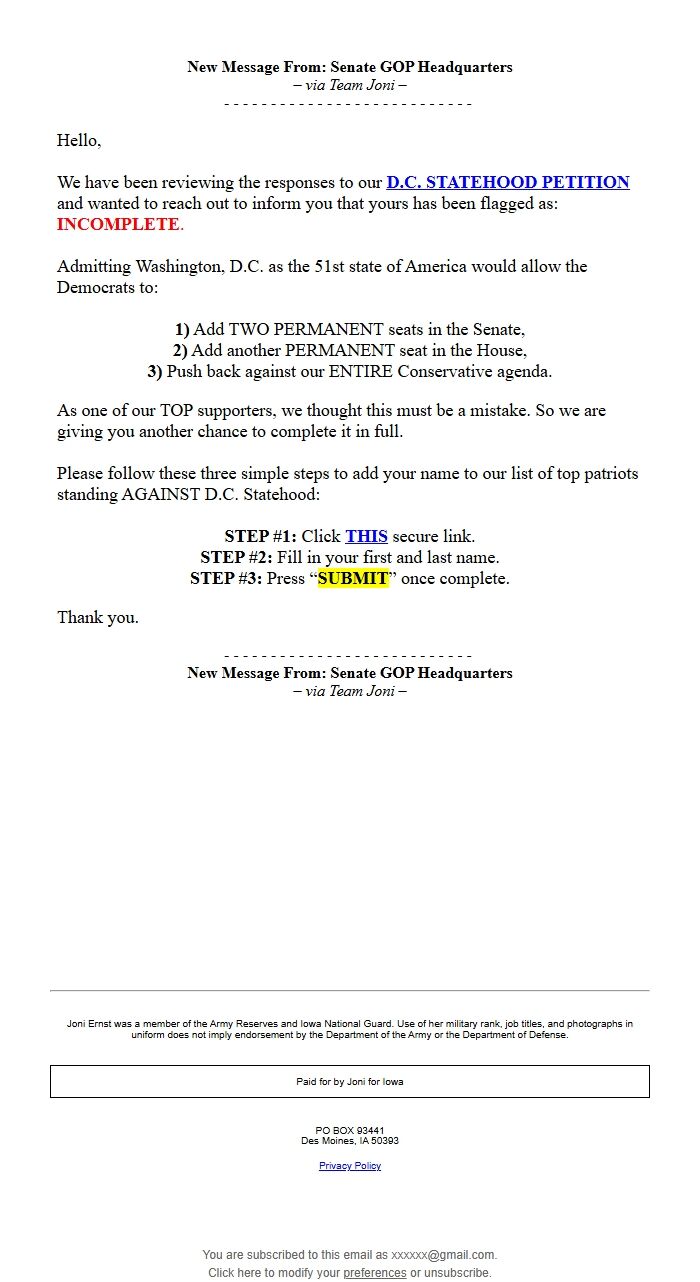 Screenshot of the email generated on import