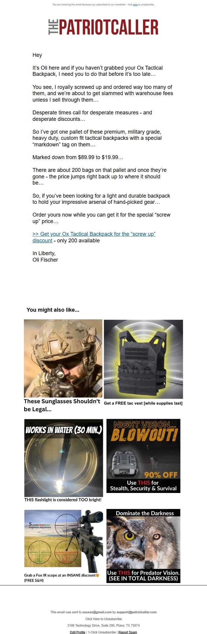 Screenshot of the email generated on import