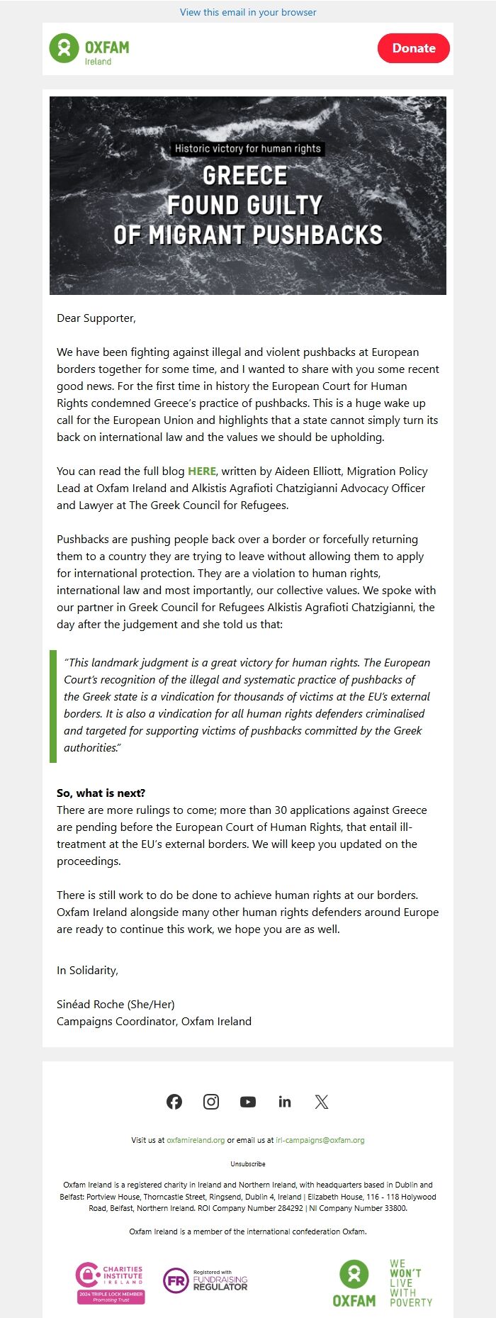 Screenshot of the email generated on import